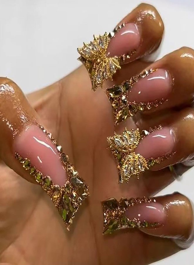 CJDLTS Gold Rhinestones Butterfly Press on Nails Medium Duckbill Design Coffin Full Cover Artificial Acrylic French Stick on DIY Glue on for Women Manicure Kit - Image 1